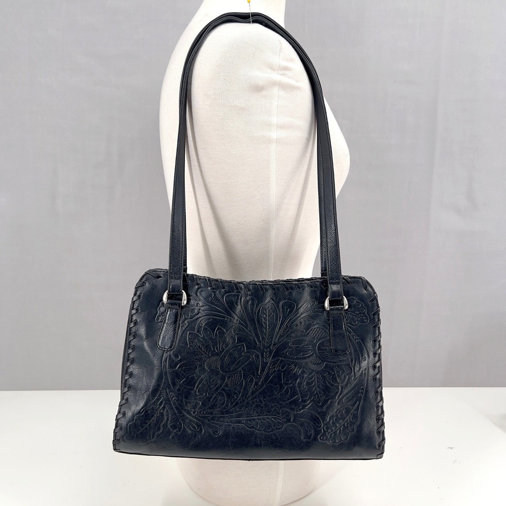 Cafe by Marlo Black Tooled Leather Shoulder Bag Satchel Purse Western Vintage